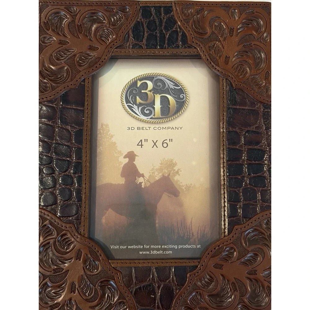 3D Belt Co Leather Western Tooled Croc Inlay 4x6 Photo Frame Brown